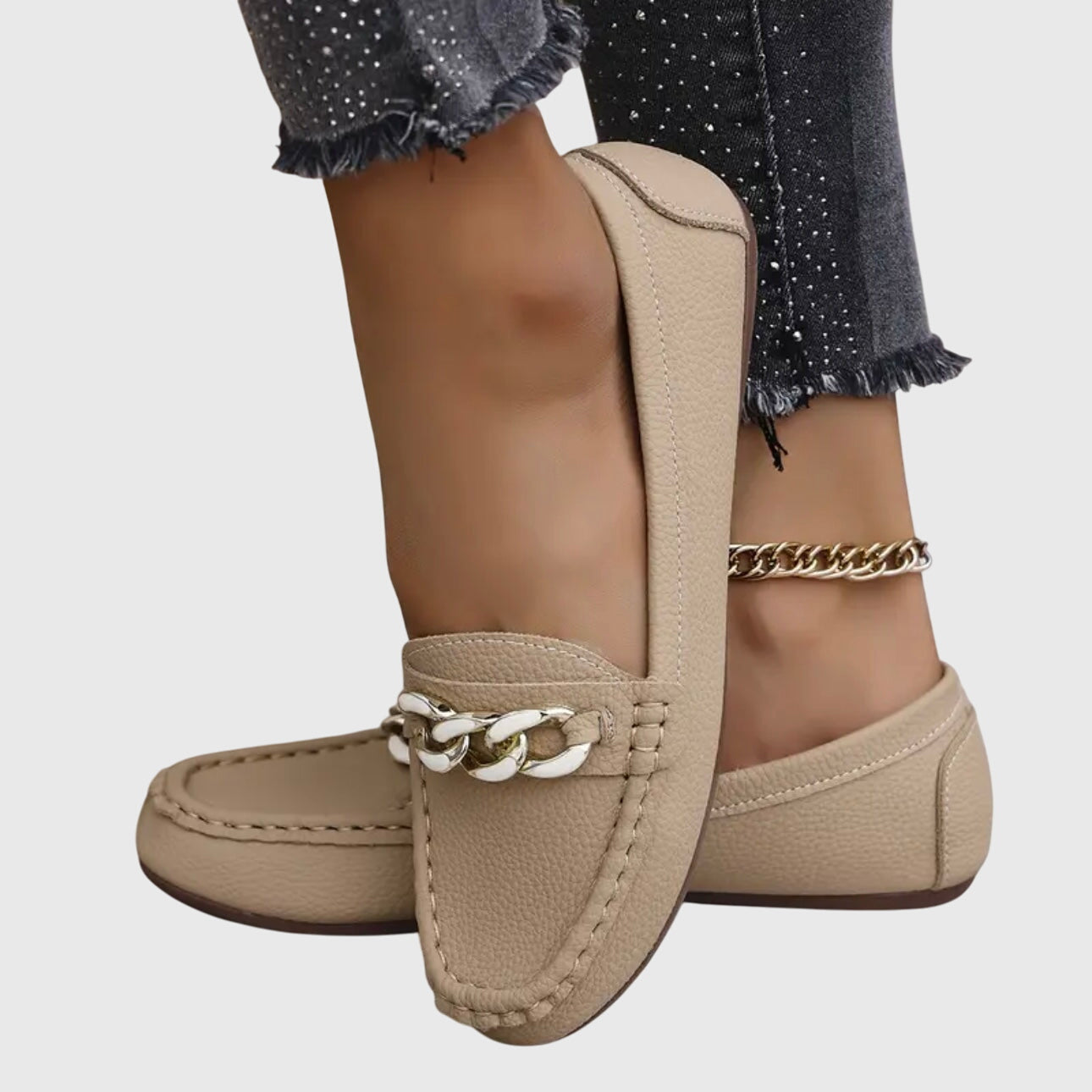 Dameslip-on loafers med kædedetalje Flade loafers til kjole