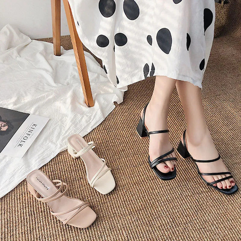 Sandales à talon bloc pour femmes, à brides, bout ouvert carré, chaussures habillées à enfiler