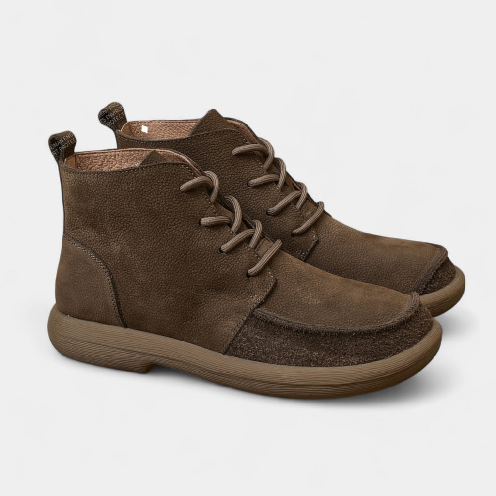 Bottes chevilles pieds nus en cuir véritable pour hommes, boîte à orteils large, semelle plate, chaussures à lacets