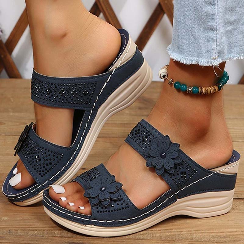 Papuci cu toc înclinat pentru femei, cu model floral, din piele PU, sandale retro romane cu platformă, slip-on