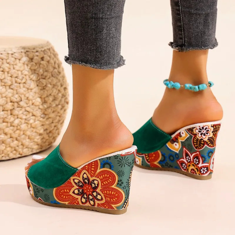 Sandale cu platformă și talpă înclinată din catifea pentru femei, mules florale cu vârf decupat, stil etnic, slip-on