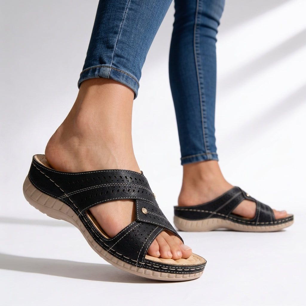 Sandale ortopedice pentru femei cu talpă înclinată, din piele, cu design suprapus perforat, slip-on, pentru mers pe jos