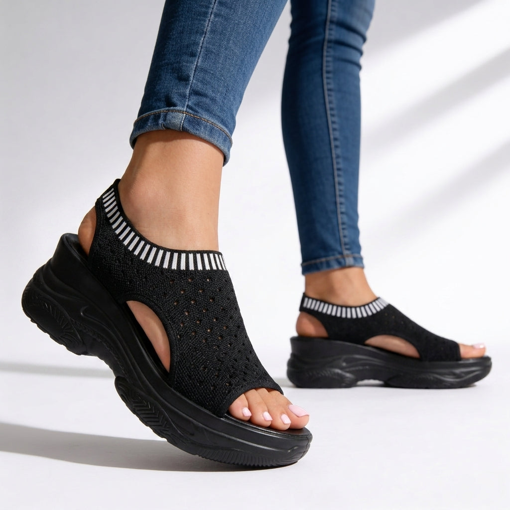 Sandales compensées pour femmes en maille extensible, bout ouvert, plateforme, semelle rembourrée, chaussures de marche à enfiler