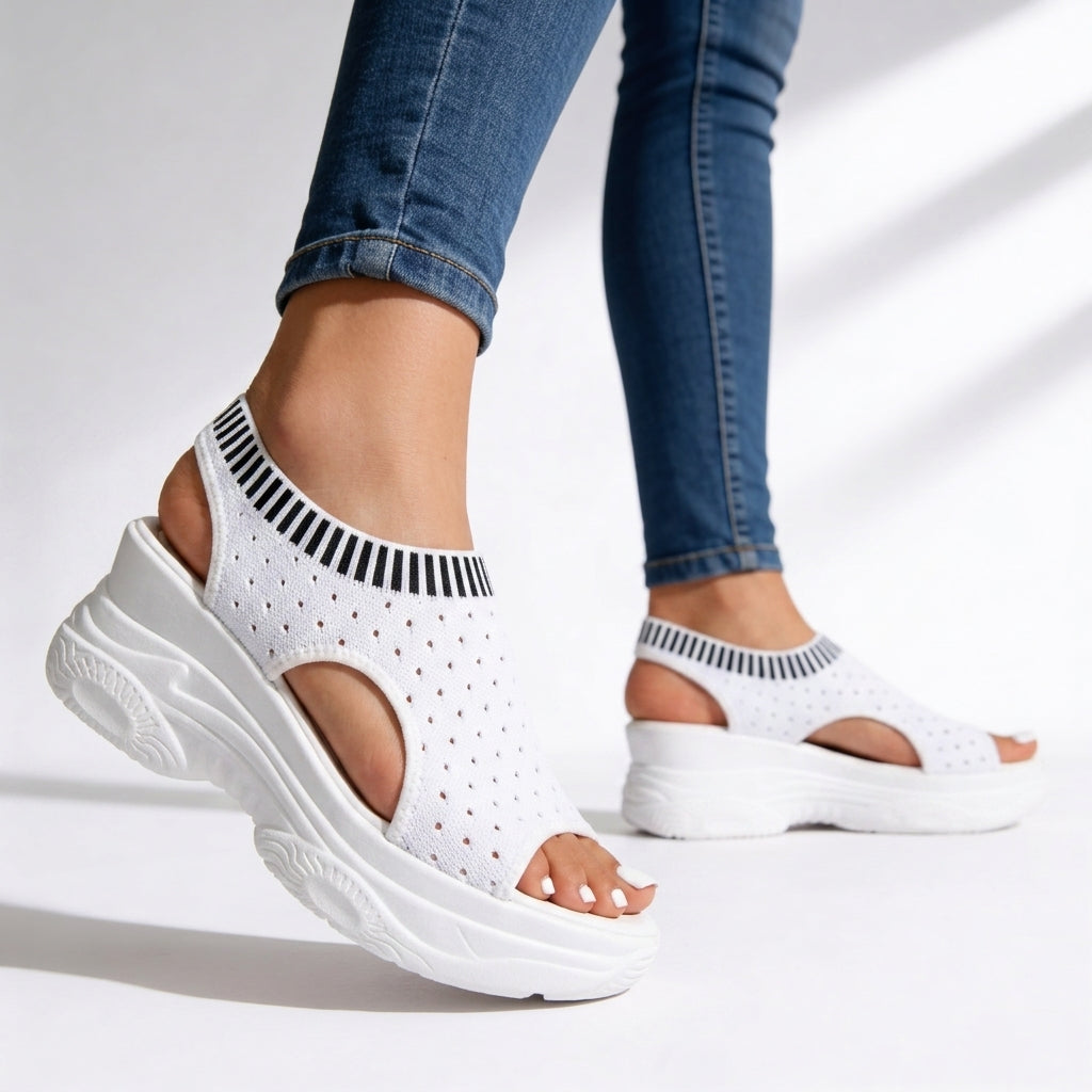 Sandale cu platformă pentru femei, cu toc înclinat, din tricot elastic, cu vârf decupat, talpă amortizată, slip-on, pentru mers