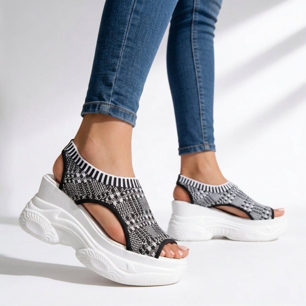 Sandale cu platformă pentru femei, cu toc înclinat, din tricot elastic, cu vârf decupat, talpă amortizată, slip-on, pentru mers