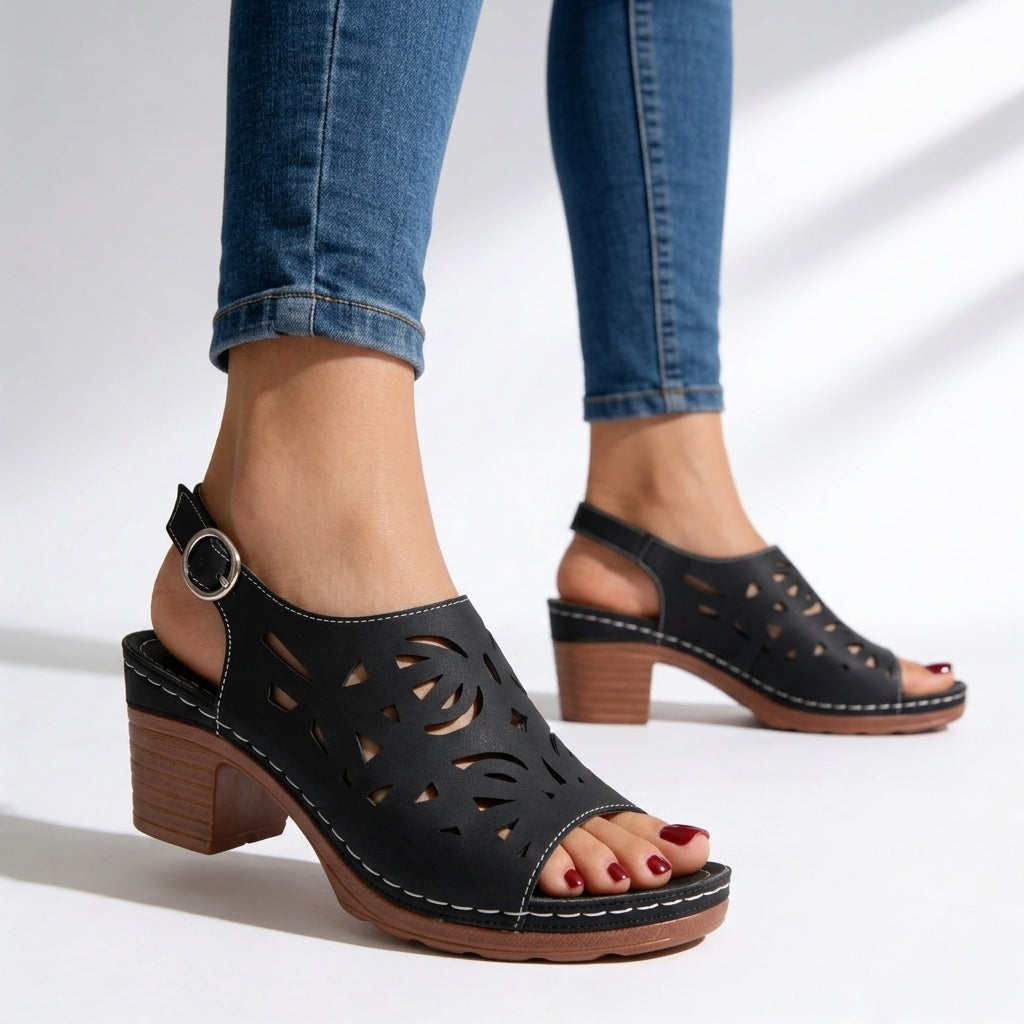 Sandales à talon bloc pour femmes, semelle orthopédique découpée au laser, chaussures de marche à bride arrière