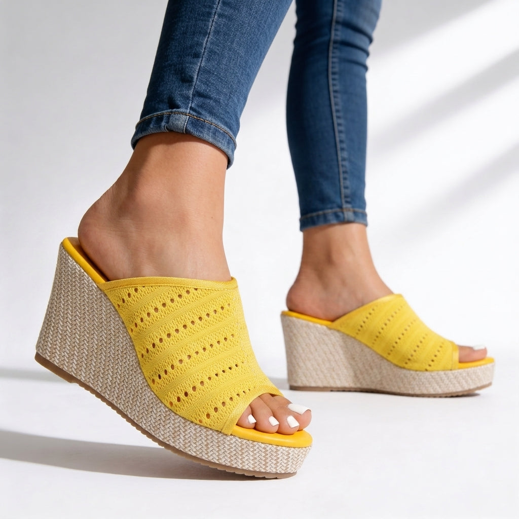 Sandales compensées pour femmes, bout ouvert, maille tricotée, plateforme à enfiler, chaussures confortables pour la marche