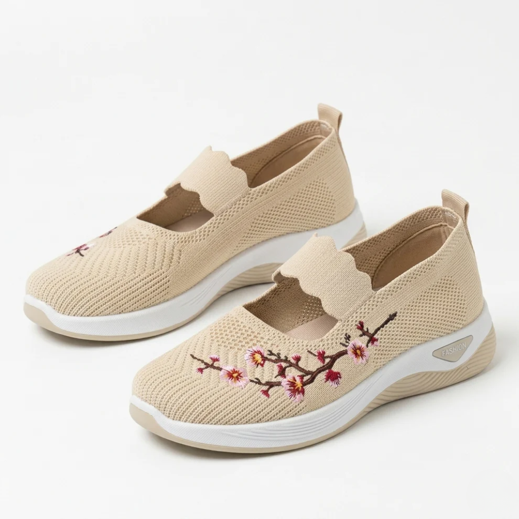 Women's Walking Shoes Floral Embroidered Mesh Slip On Sneakers