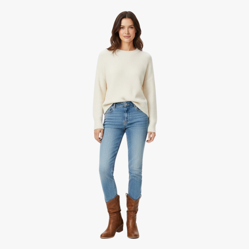 Fashionable Women's Denim Boots Medium High Heel Western Style Boots With Scrunch