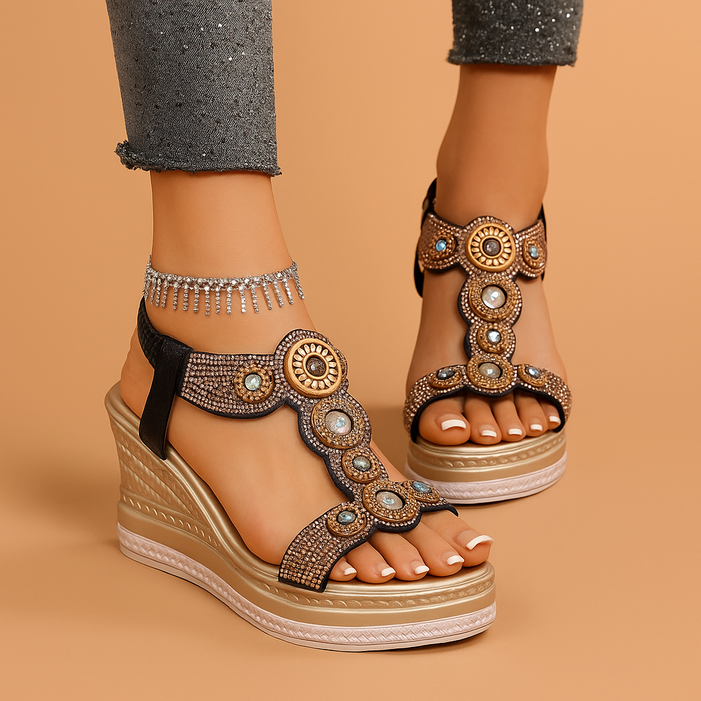 Women's Wedge Sandals Gem Embellished Faux Leather Ankle Strap Cushioned Walking Shoes