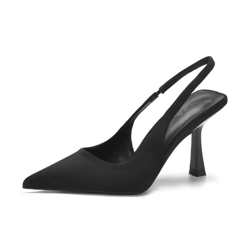 Tacones bajos cómodos para mujer con tira trasera: correa fina al tobillo y punta afilada