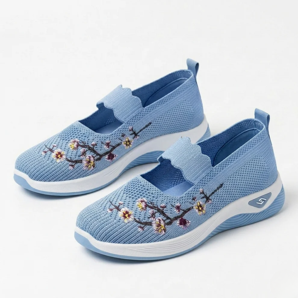 Pantofi de mers pentru femei, cu broderie florală, din plasă, slip-on, adidași