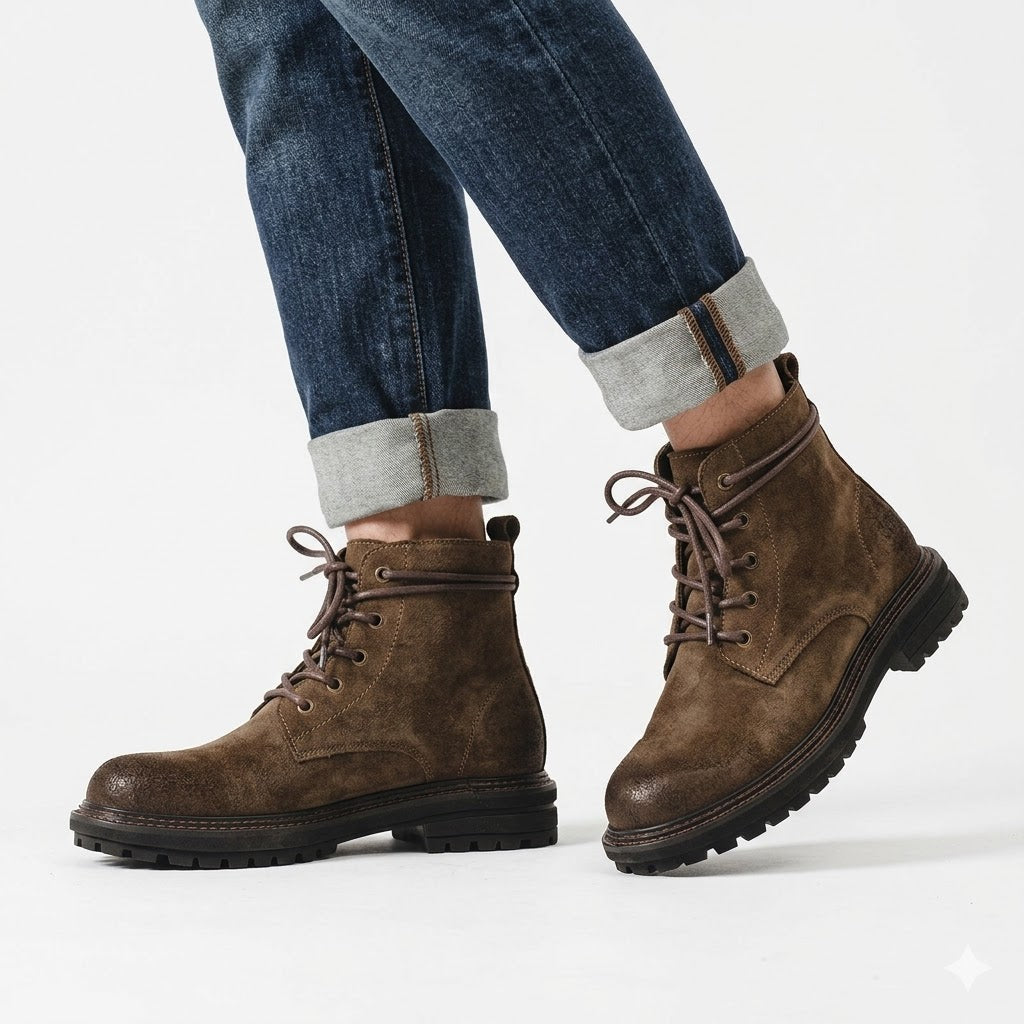 Botas de hombre con cordones y suela antideslizante: construcción resistente y acabado de ante texturizado