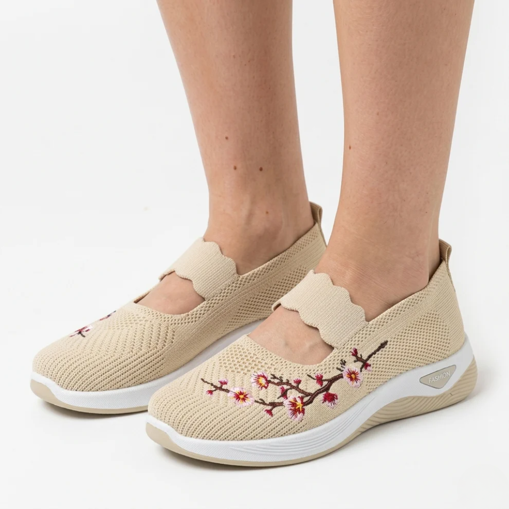Women's Walking Shoes Floral Embroidered Mesh Slip On Sneakers