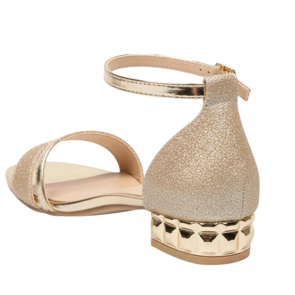 Women's Gold Square Low Heel Ankle Strap Sandals