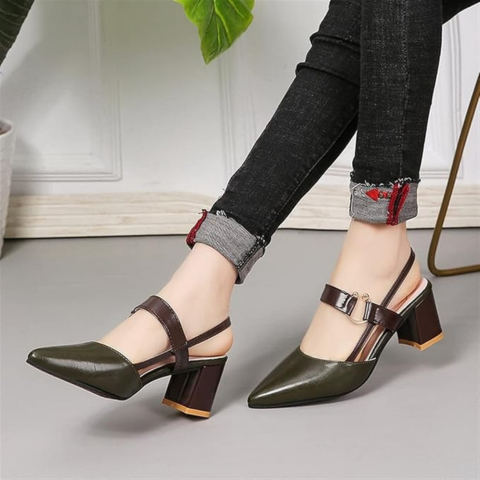Sandales pour femmes en cuir véritable à talon épais, bout pointu, bride à la cheville, chaussures de soirée