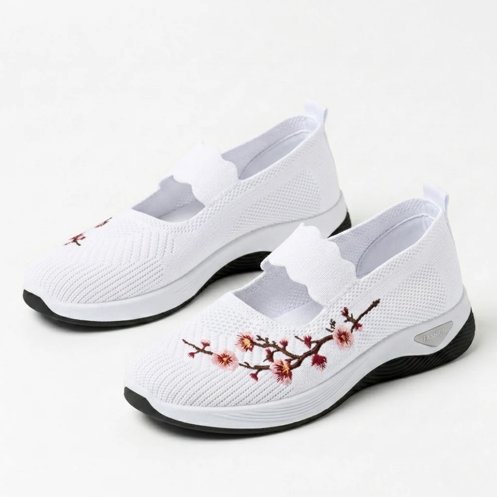 Pantofi de mers pentru femei, cu broderie florală, din plasă, slip-on, adidași