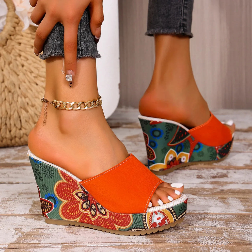 Sandale cu platformă și talpă înclinată din catifea pentru femei, mules florale cu vârf decupat, stil etnic, slip-on