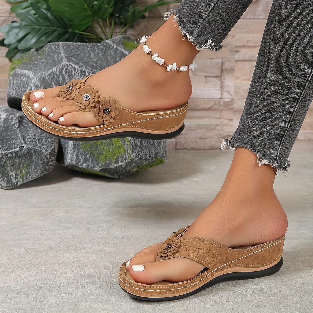Orthopedic Synthetic Leather Wedge Sandals with Floral Appliques