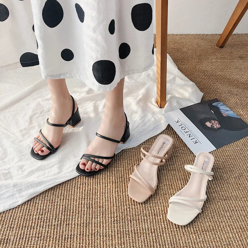 Sandales à talon bloc pour femmes, à brides, bout ouvert carré, chaussures habillées à enfiler