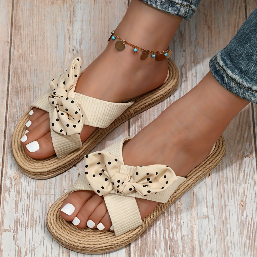 Women's Slide Sandals Braided Rope Footbed and Bow Detail
