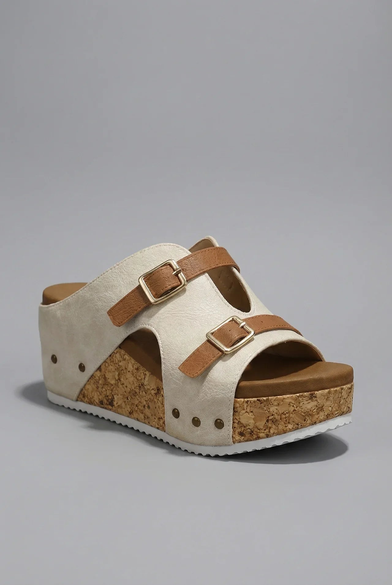 Sandales compensées à double boucle pour femme, semelle en liège, bout ouvert