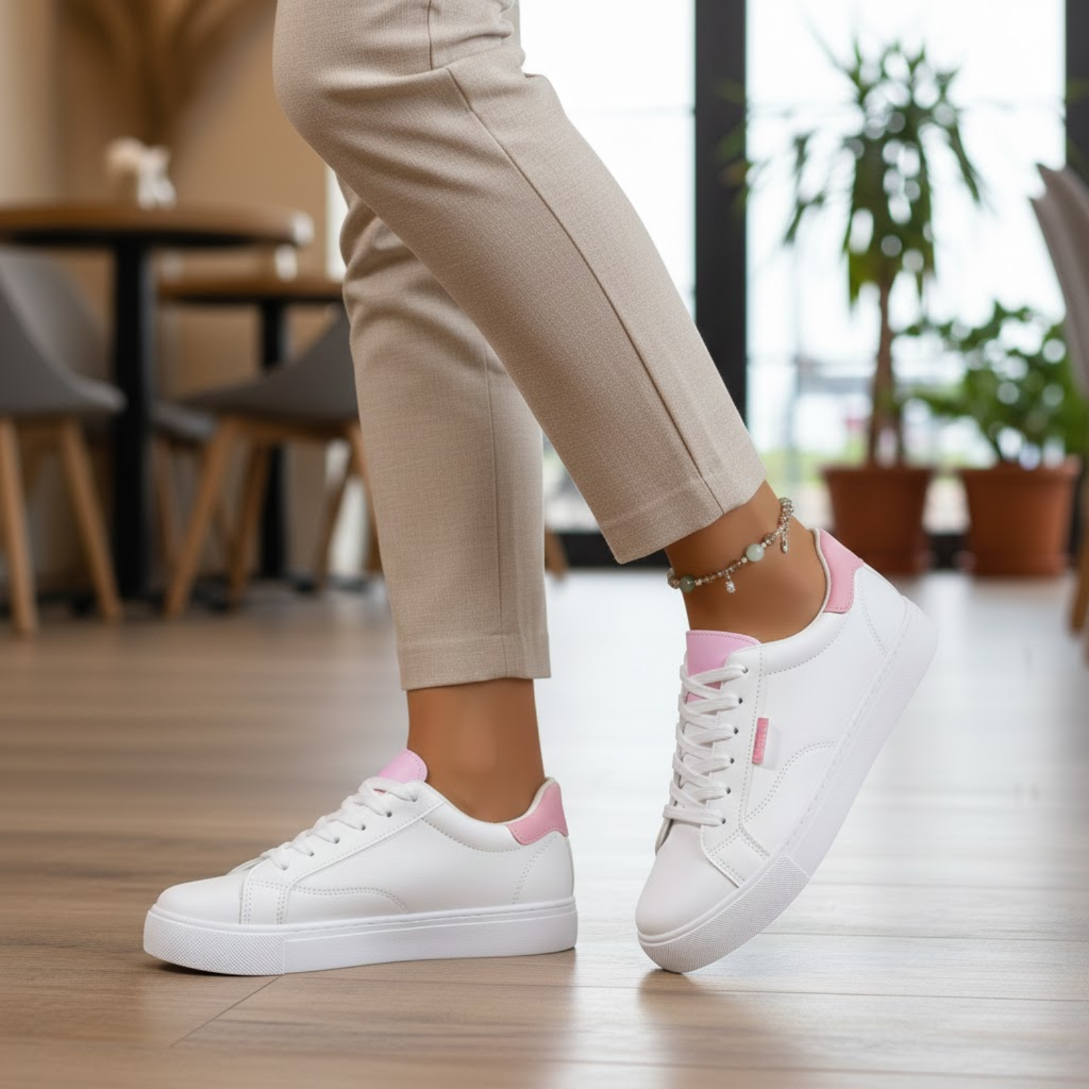 Sneakers eleganti da donna in pelle bianca, basse, con lacci, casual per studenti