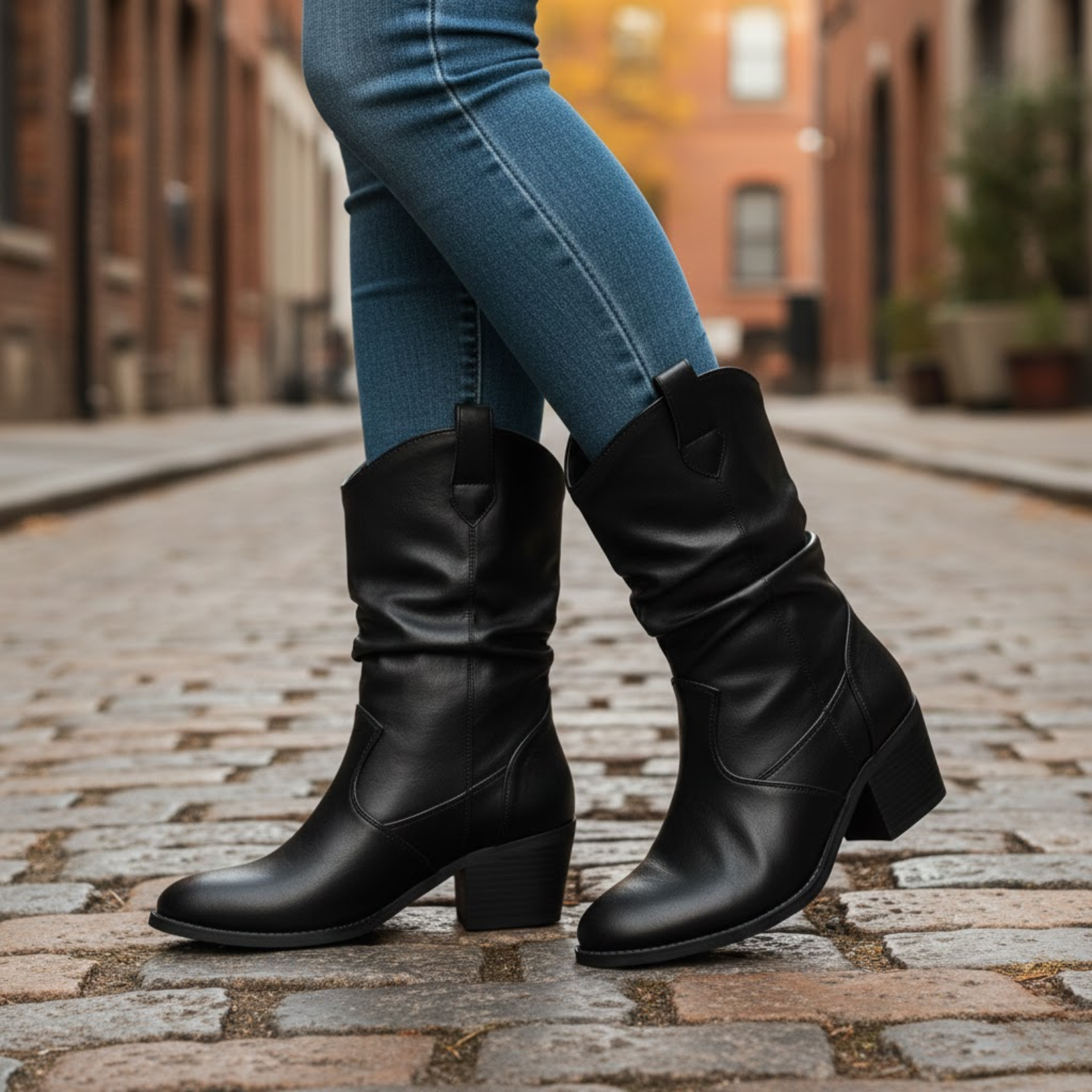 Fashionable Women's Denim Boots Medium High Heel Western Style Boots With Scrunch