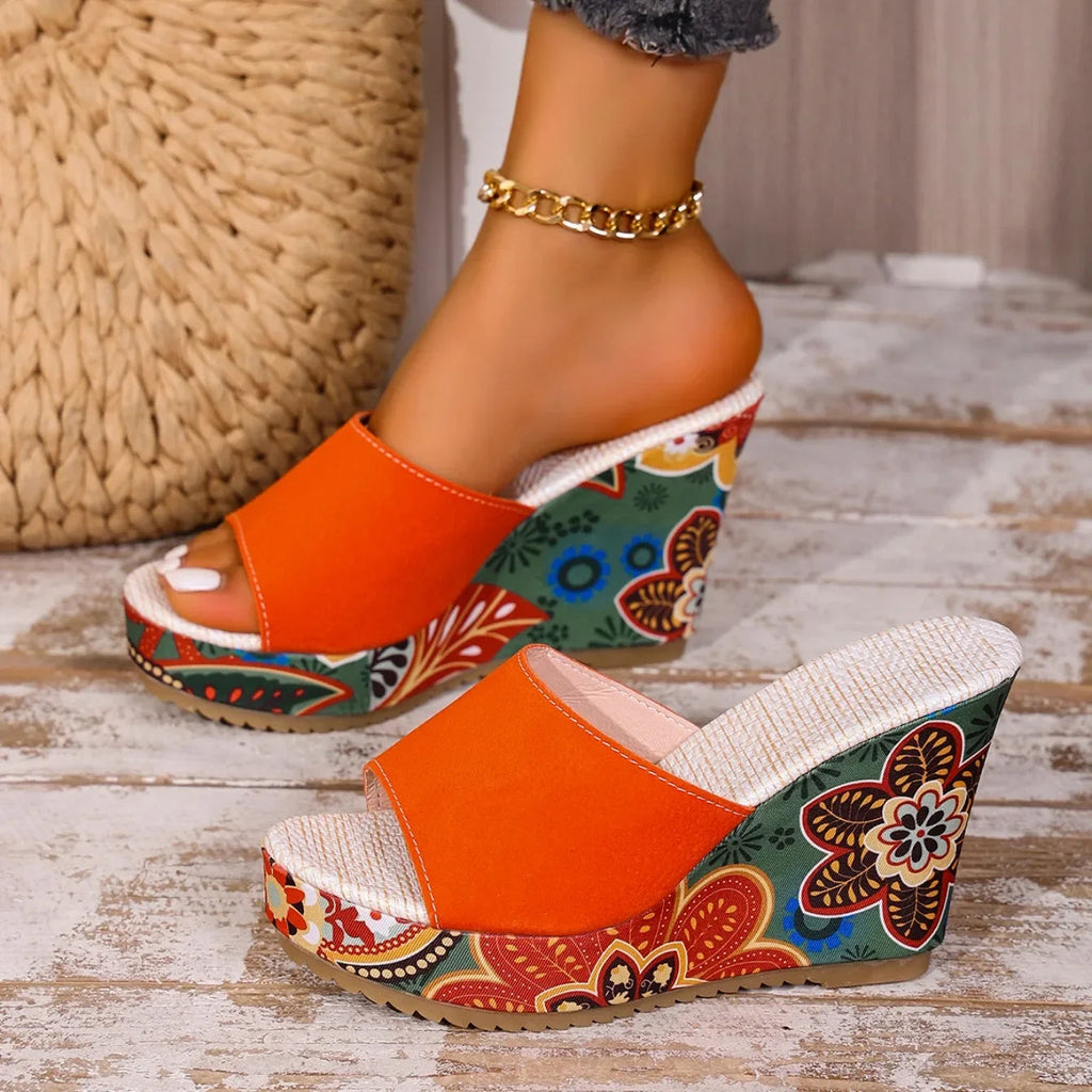 Sandale cu platformă și talpă înclinată din catifea pentru femei, mules florale cu vârf decupat, stil etnic, slip-on