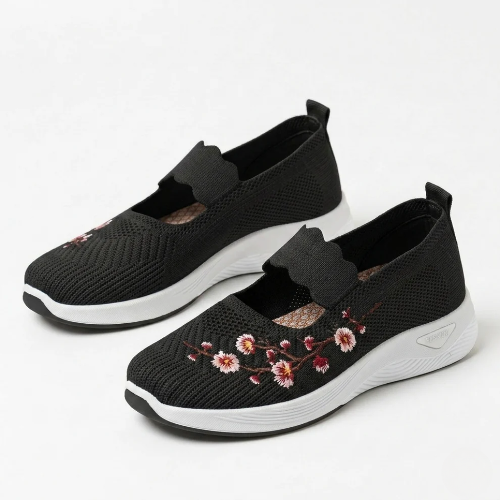 Pantofi de mers pentru femei, cu broderie florală, din plasă, slip-on, adidași