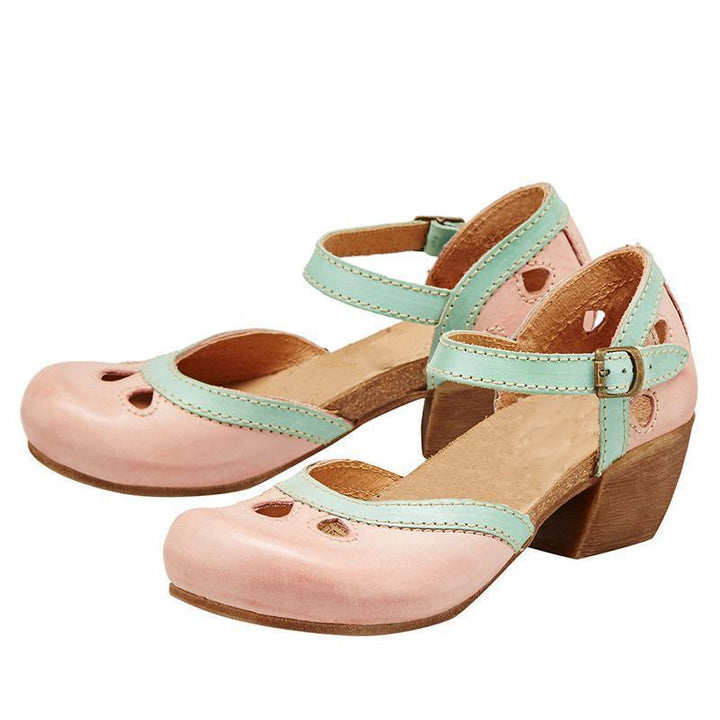 Sandalias retro de tacón bloque para mujer, con diseño calado, pulsera en el tobillo con hebilla y punta redonda