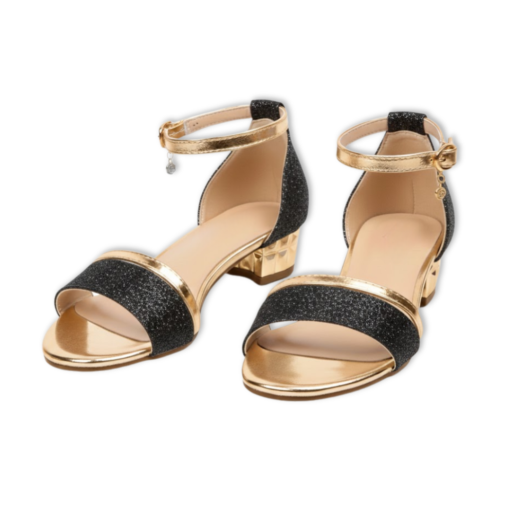Women's Gold Square Low Heel Ankle Strap Sandals