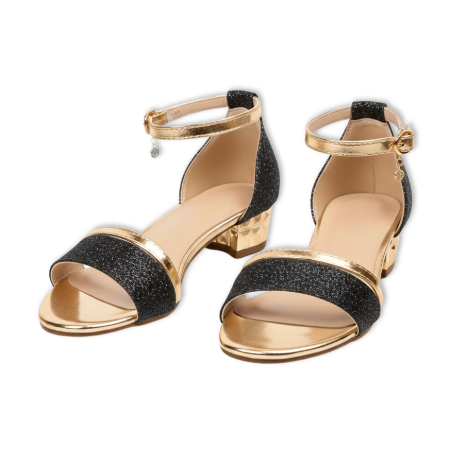 Women's Gold Square Low Heel Ankle Strap Sandals