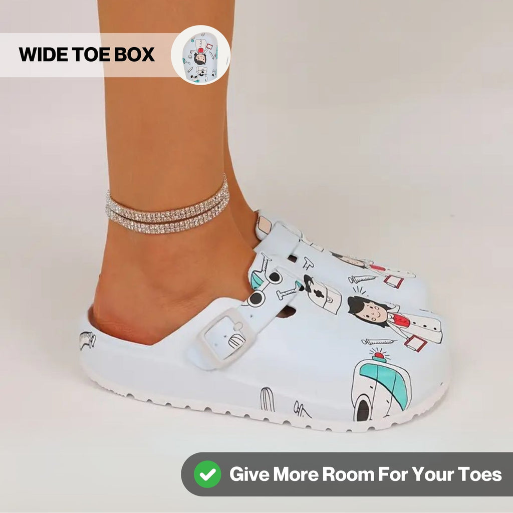 Women's Printed Clog Mules Adjustable Strap Lightweight EVA Nursing Shoes Work Slides