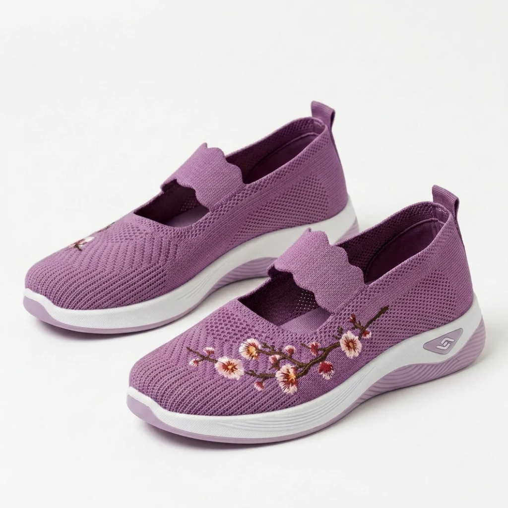 Pantofi de mers pentru femei, cu broderie florală, din plasă, slip-on, adidași