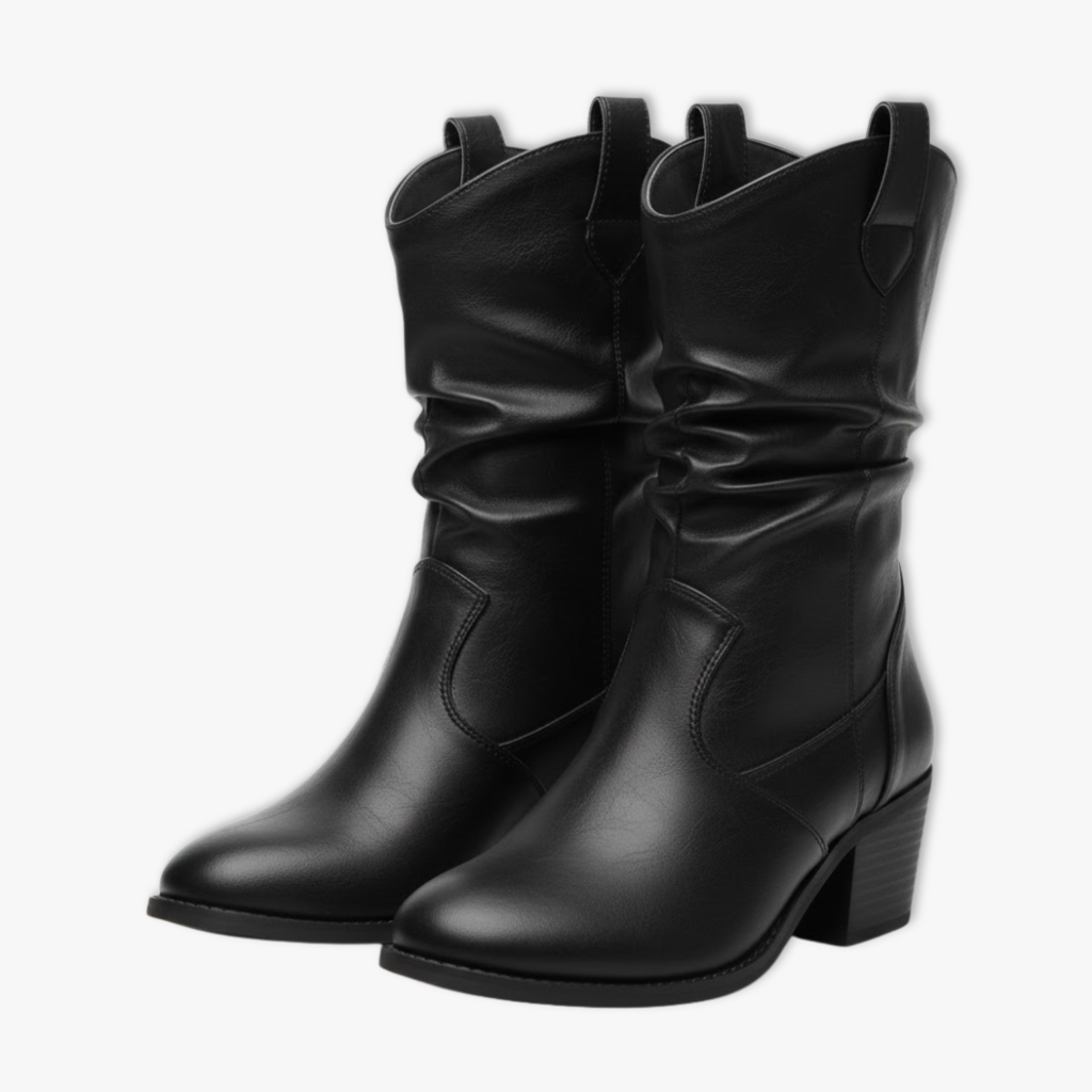 Fashionable Women's Denim Boots Medium High Heel Western Style Boots With Scrunch