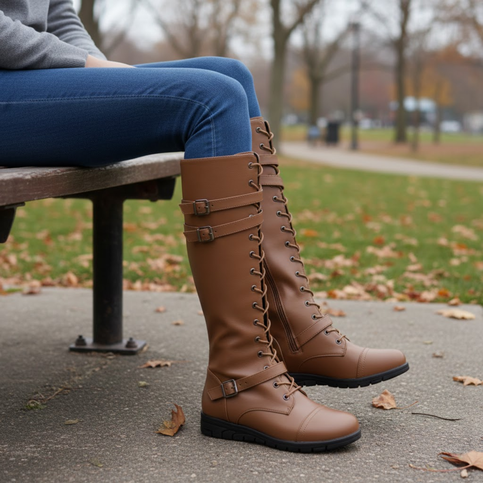 Women's Leather Platform Combat Knee High Boots