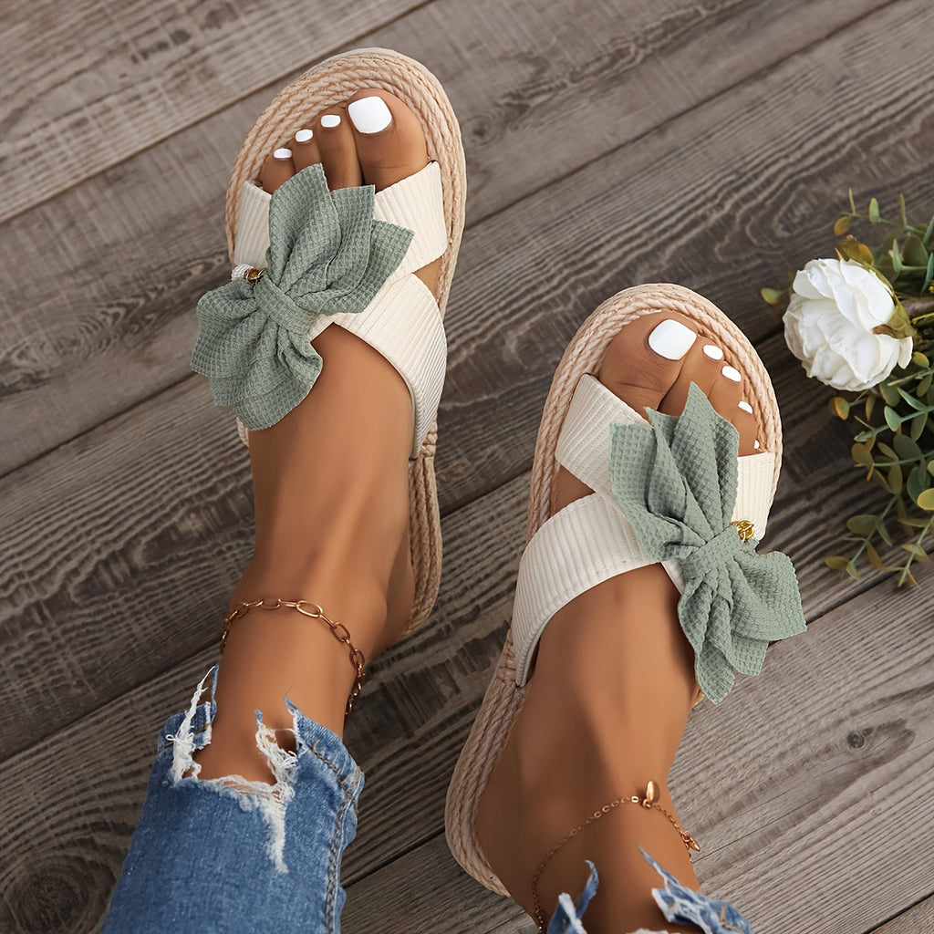 Women's Slide Sandals Braided Rope Footbed and Bow Detail