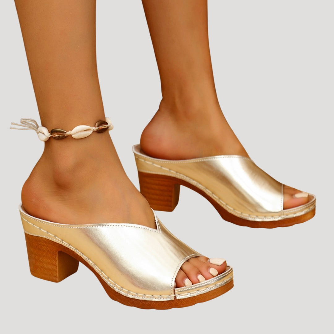 Dame mule-sandaler med åben tå, blokhæl og plateau-sål