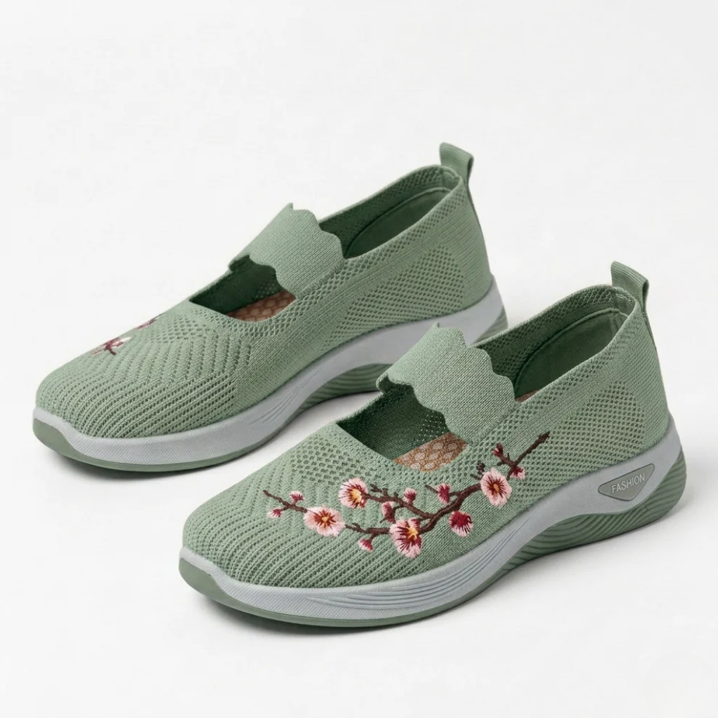 Pantofi de mers pentru femei, cu broderie florală, din plasă, slip-on, adidași