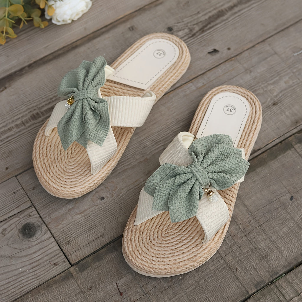 Women's Slide Sandals Braided Rope Footbed and Bow Detail