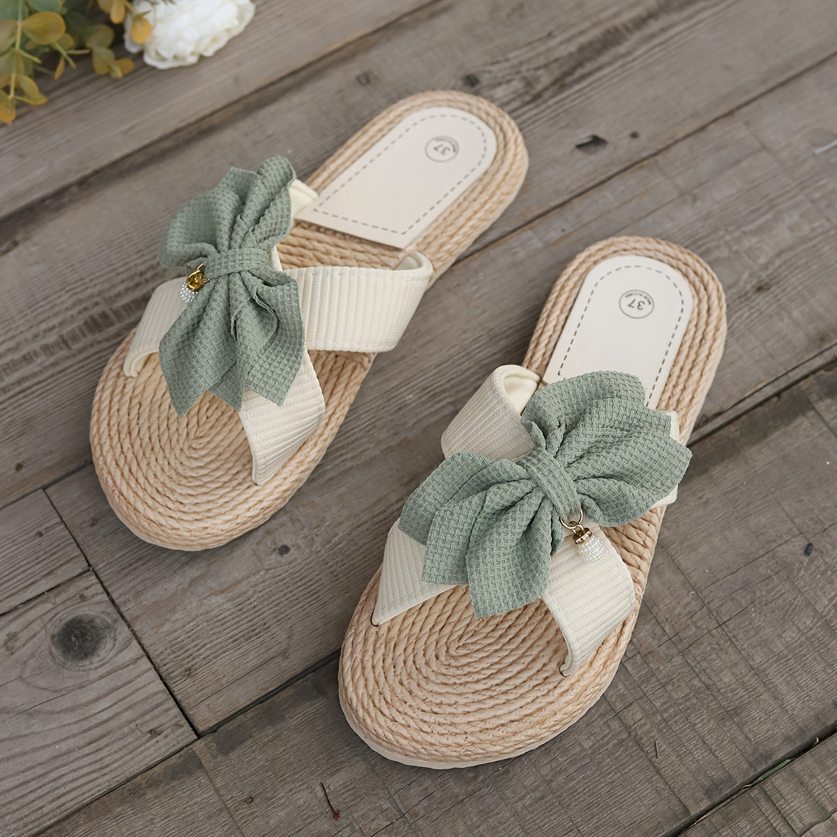 Women's Slide Sandals Braided Rope Footbed and Bow Detail