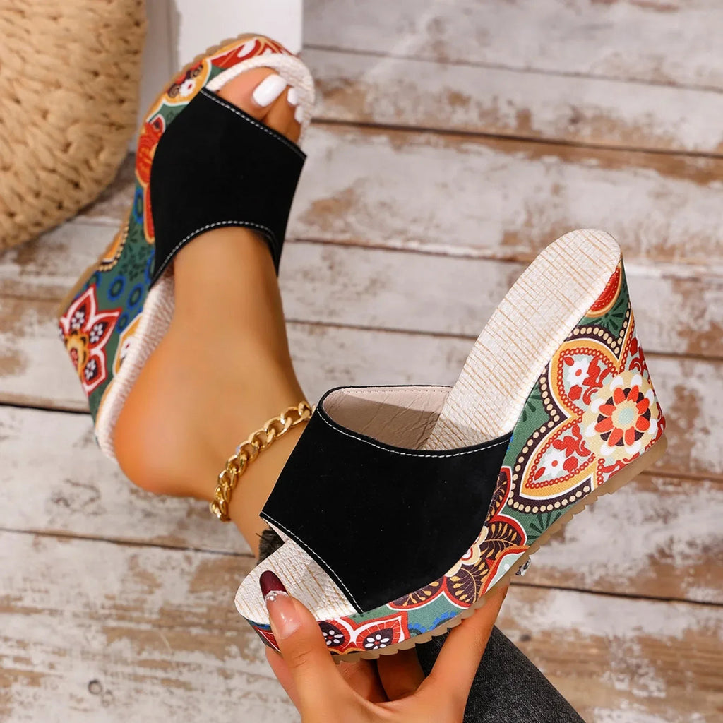 Sandale cu platformă și talpă înclinată din catifea pentru femei, mules florale cu vârf decupat, stil etnic, slip-on