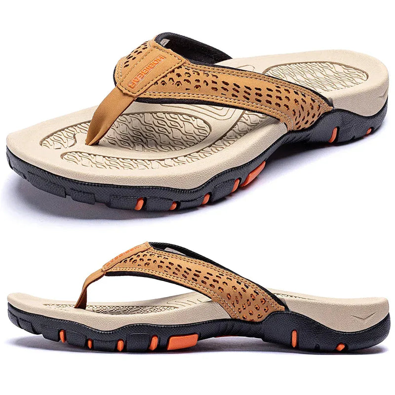 Tongs orthopédiques pour homme en cuir PU avec soutien de la voûte plantaire