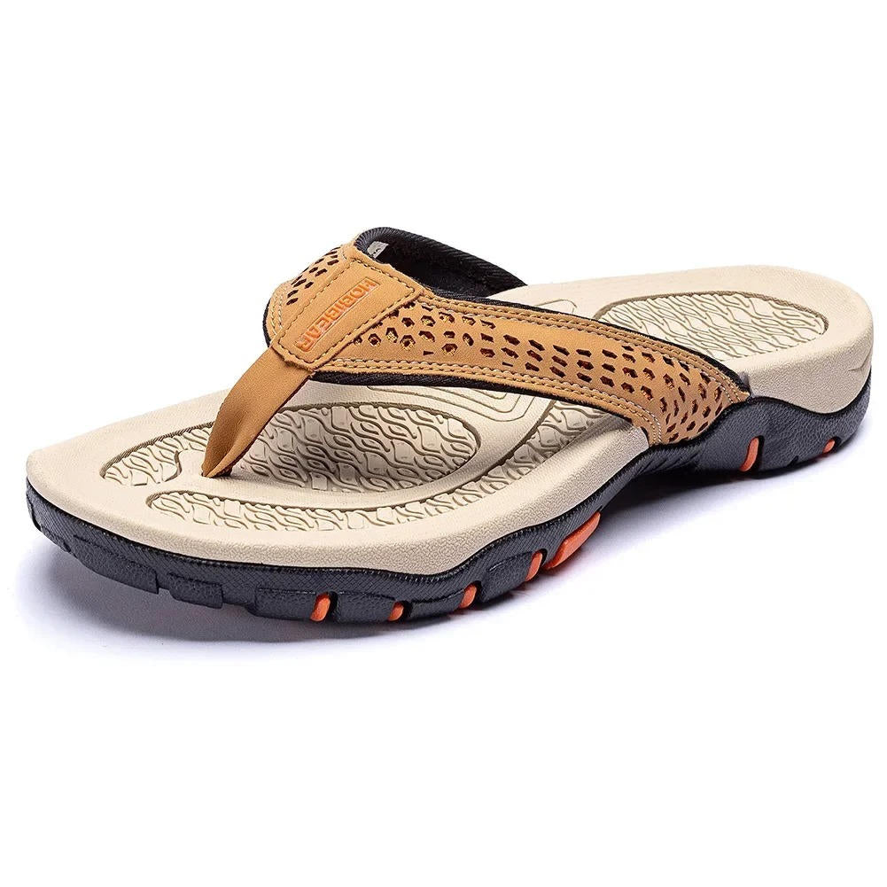 Tongs orthopédiques pour homme en cuir PU avec soutien de la voûte plantaire