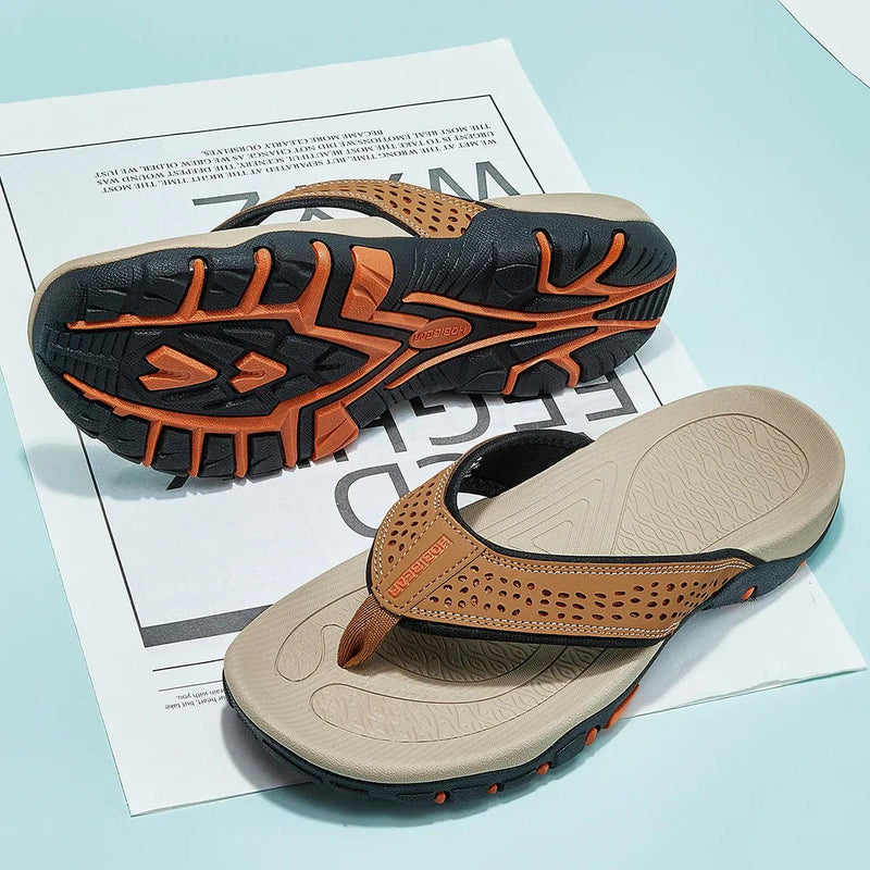Tongs orthopédiques pour homme en cuir PU avec soutien de la voûte plantaire