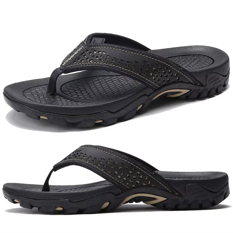 Tongs orthopédiques pour homme en cuir PU avec soutien de la voûte plantaire