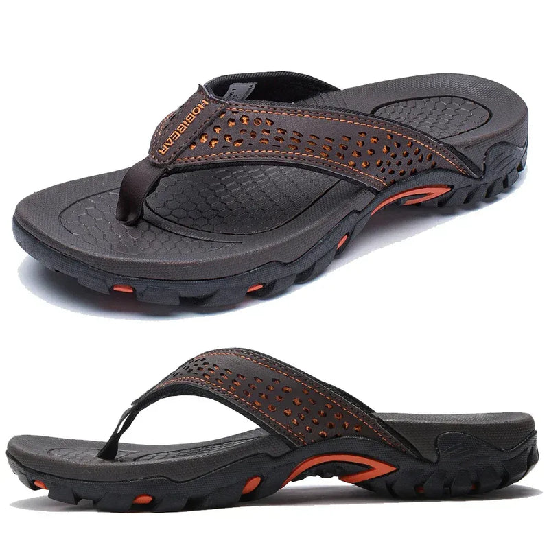 Tongs orthopédiques pour homme en cuir PU avec soutien de la voûte plantaire