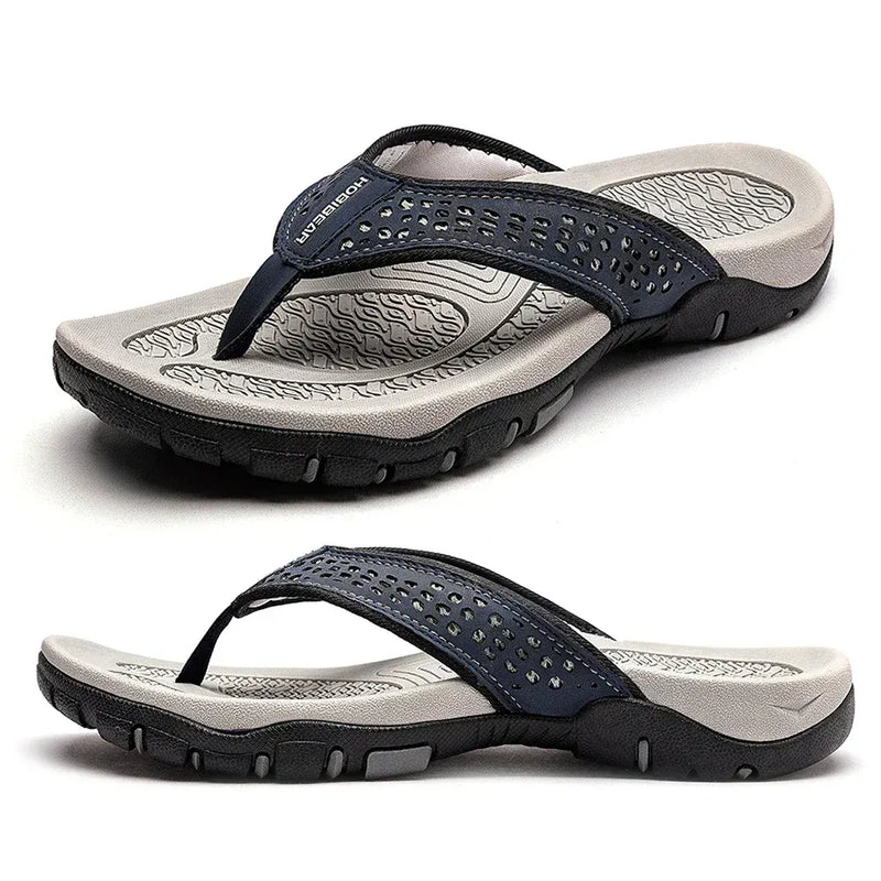 Tongs orthopédiques pour homme en cuir PU avec soutien de la voûte plantaire
