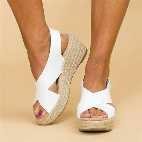 Dámské ortopedické espadrilky na klínku s překříženými pásky, platformou a otevřenou špičkou